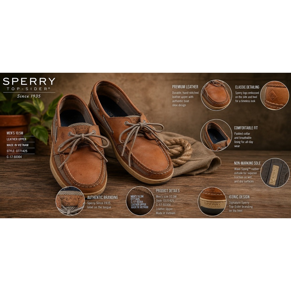 Sperry Top-Sider Billfish Tan‎ Leather Mesh Boat Shoes Mens 10.5M 0771253